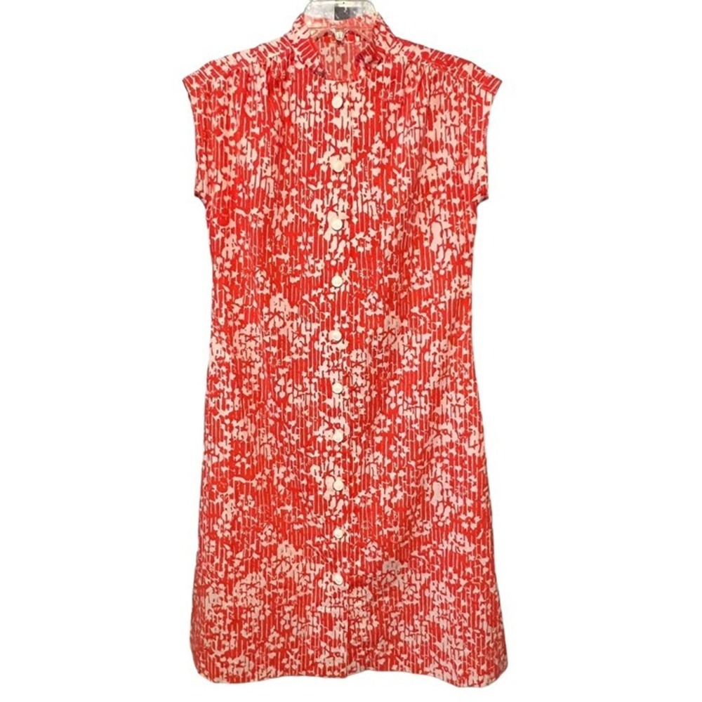 Vintage Handmade Buttonfront Dress M/L Orange White Floral Stripe‎ Cap Sleeves